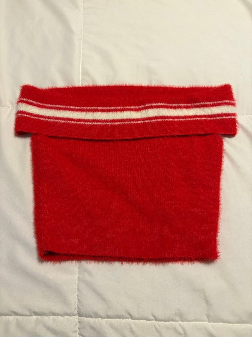 Forever 21 Red Off-the-Shoulder Fuzzy Tube Top with White Stripe
